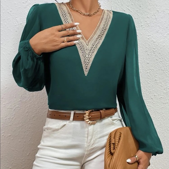 Classic navy blue  lace V neck blouse - Picture 7 of 15